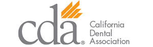 The image displays a logo with the text  CDA  and below it,  California Dental Association.  The logo features a stylized letter  C  in a bold font with a design that suggests a tooth or dental care theme.